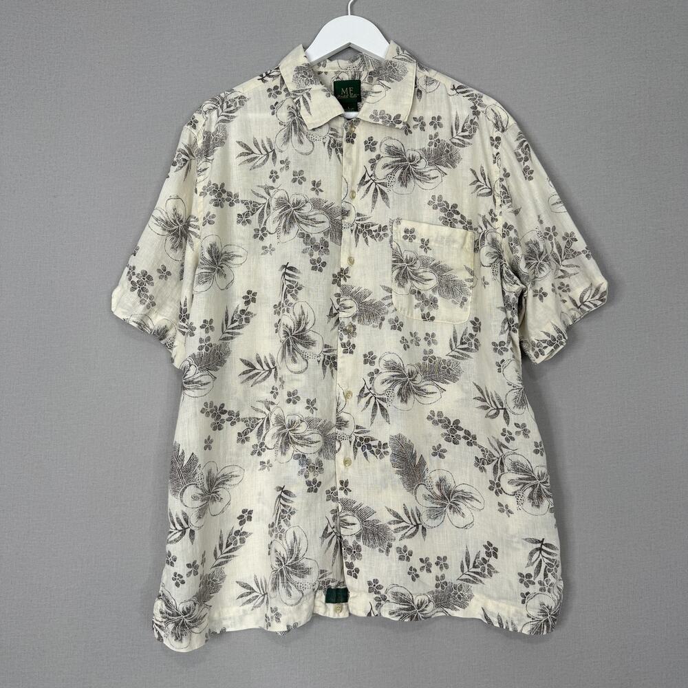 Vintage Marshall Fields Shirt Mens Large Cream Linen‎ Floral Hawaiian Cabana 90s